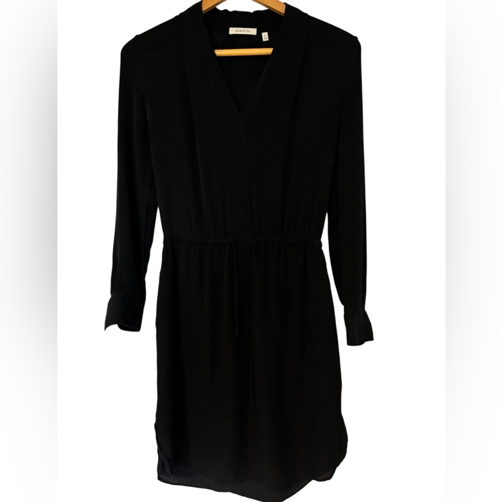 Babaton Black Long-Sleeve V-Neck Drawstring Dress XS
